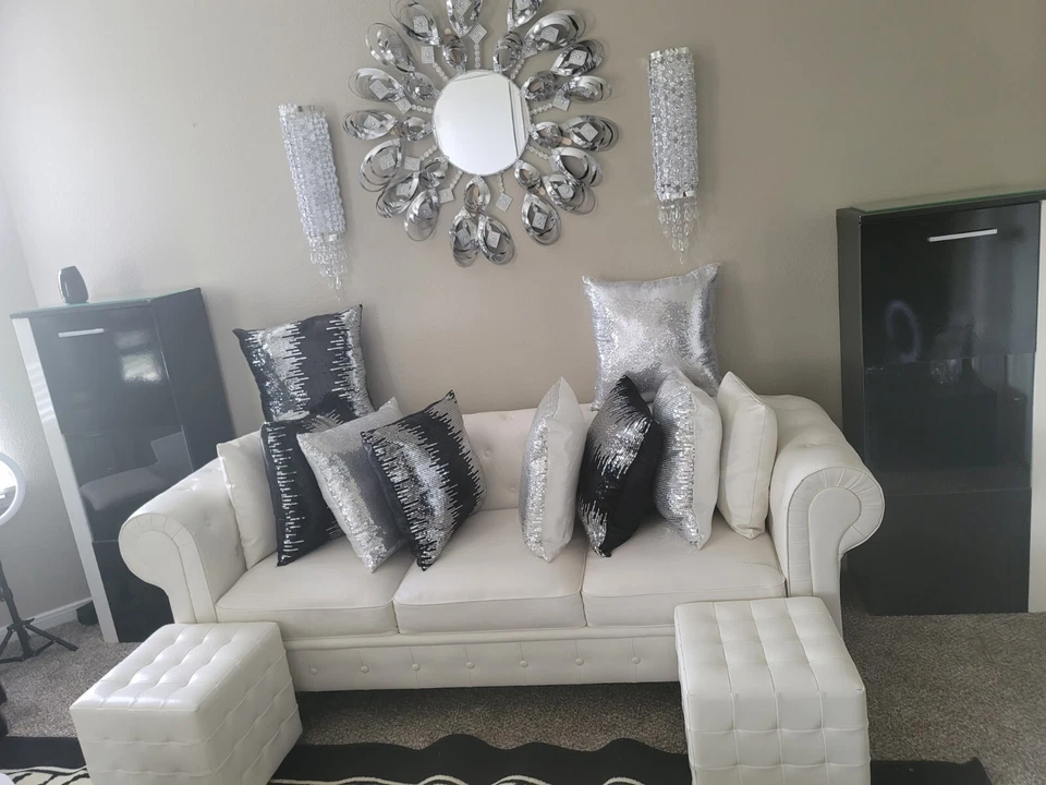 White Leather Small Sofa, with black and white throw pillows for decoration - Image 1 of 2