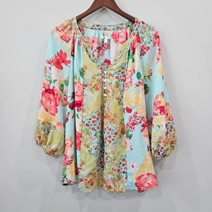 Fig & Flower Womens Mixed Print Floral Popover Top L Colorful Chiffon Boho Flowy - Picture 1 of 10