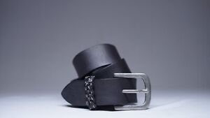Men's black Leather belt vegetable tan contrast braided loop JAJA 34-36