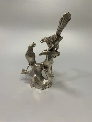 Exquisita estatua de pájaro tallada a mano en plata del Tíbet chino antiguo 586 g Foto 1 de 4