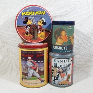 LOT OF 4 VINTAGE MICKEY MOUSE, HERSHEY’S, CRACKER JACK, PEANUTS ADVERTISING TINS - Picture 1 of 16