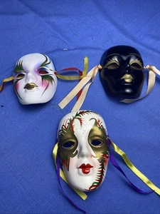 3 Mini New Orleans Mardi Gras Mask Ceramic Painted Decorative 4” Tall one small - Picture 1 of 5