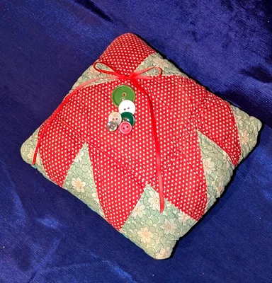 Christmas Hand Made  patchwork small pillow with vintage fabric and buttonsl - Image 1 of 4