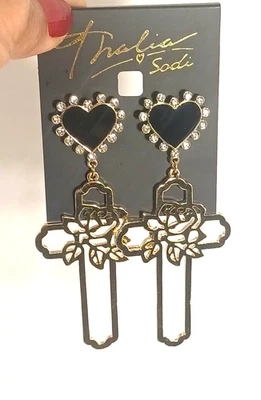 Thalia Sodi GoldTone Rose Cross Black Heart Stud Drop Dangle Earrings New w tags - Image 1 of 4