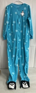 Nick & Nora Schlafanzug Einteiler Schneeflocke Pinguin Fleece Fuß Damen Small Blau - Bild 1 von 14