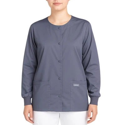 全新 Landau 小号 灰色 蓝色 棉 医用磨砂夹克 Snap Close 前口袋 — 第 1/4 张图片