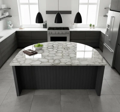 White Agate Modern Kitchen Island Top – Luxury Gemstone Countertop | Handcrafted - Image 1 of 3