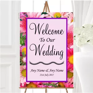 Pretty Pink Flowers Personalised Any Wording Welcome To Our Wedding Sign - Picture 1 of 1