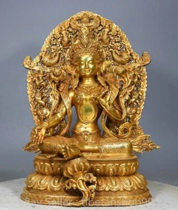 Estatua de Buda Tara verde retroiluminación cobre dorado budismo chino antiguo de 13,6" - Imagen 1 de 11