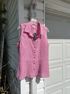 NWT Kim Rogers Pretty Raspberry Pink & White Gingham Check Peplum Sleeveless 1X - Picture 1 of 6
