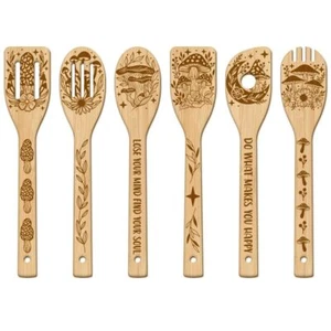 6Pcs Cooking Utensils Wooden Engraved Cooking Spoons Set Carving Kitchen Spat... - Picture 1 of 7