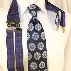 Marineblau mit rotem geometrischem Leder Stoff Herren Clip Hosenträger - Bild 1 von 12