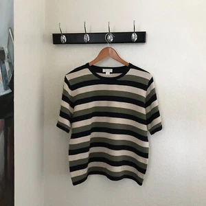 VINTAGE AVOCADO GREEN, BLACK, BEIGE STRIPED SWEATER, LARGE in PETITE  CATEGORY - Picture 1 of 10