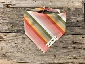 Personalized Dog Bandana, Fall Boho Stripe, White Leather Personalized Name Tag - Picture 1 of 6