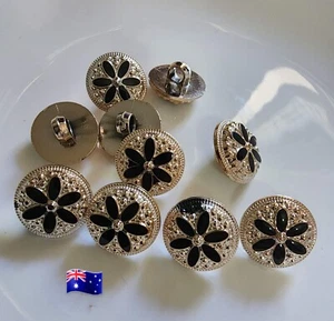 10pcs 18mm Gold Black Flower Pattern Buttons - Picture 1 of 1
