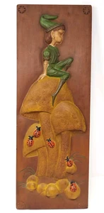 VTG Pixie Fairy Elf Mushroom Chalkware Wall Plaque Decor Cottagecore Kitsch 21" - Picture 1 of 13
