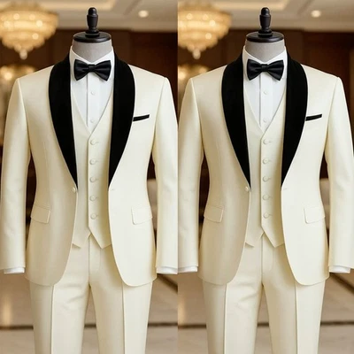 Crema Para hombres Trajes Formales Negocios Boda Novio Esmoquin Abrigo Pantalón Chaleco Calce Ajustado Foto 1 de 4