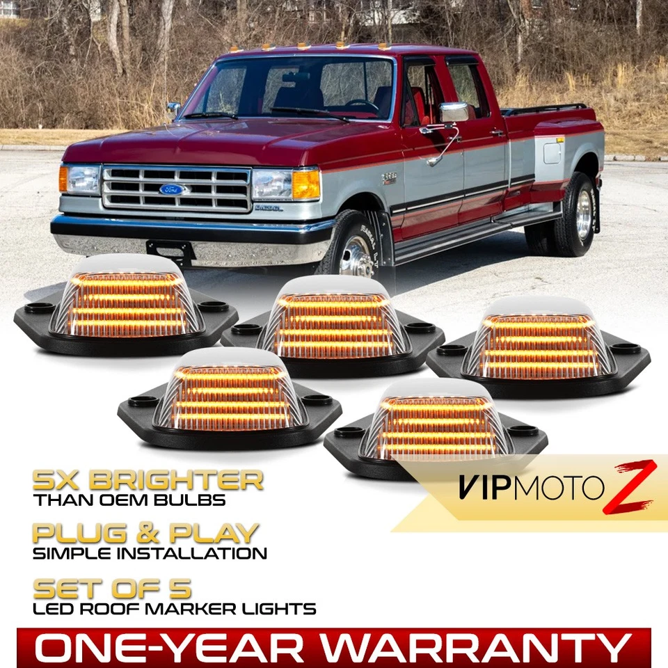5PC Full LED Roof Cab Clearance Amber Light For 1984-1996 Ford F-150 F-250 F-350 - Изображение 1 из 4