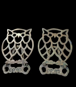 Sujetalibros vintage de latón Wise Owl Academia 6" de alto par años 70 boho decoración de dormitorio - Imagen 1 de 10