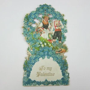 Vintage Valentine 3D Pop Up Die Cut German Girl Red Boy Lederhosen Blue Flowers - Picture 1 of 12