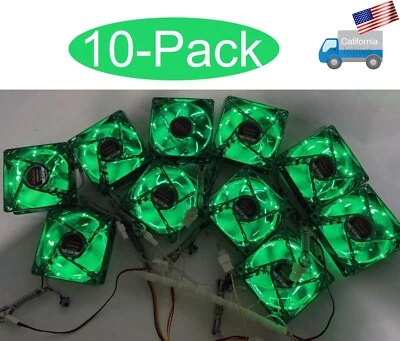 10-Pack: NEW 80mm Green LED 3pin Cooling Fan Array Kit for Open Mining/Gaming PC - Image 1 of 4