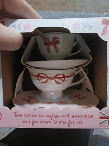 Valentine’s Day Pink/Red Bow Mom And Me Cups & Saucers Set Mothers Day Gift - Picture 1 of 4