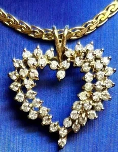 14K Gold Large 26 Diamond Heart Pendant Necklace On 17” Inch Chain 16.8 Grams - Picture 1 of 3