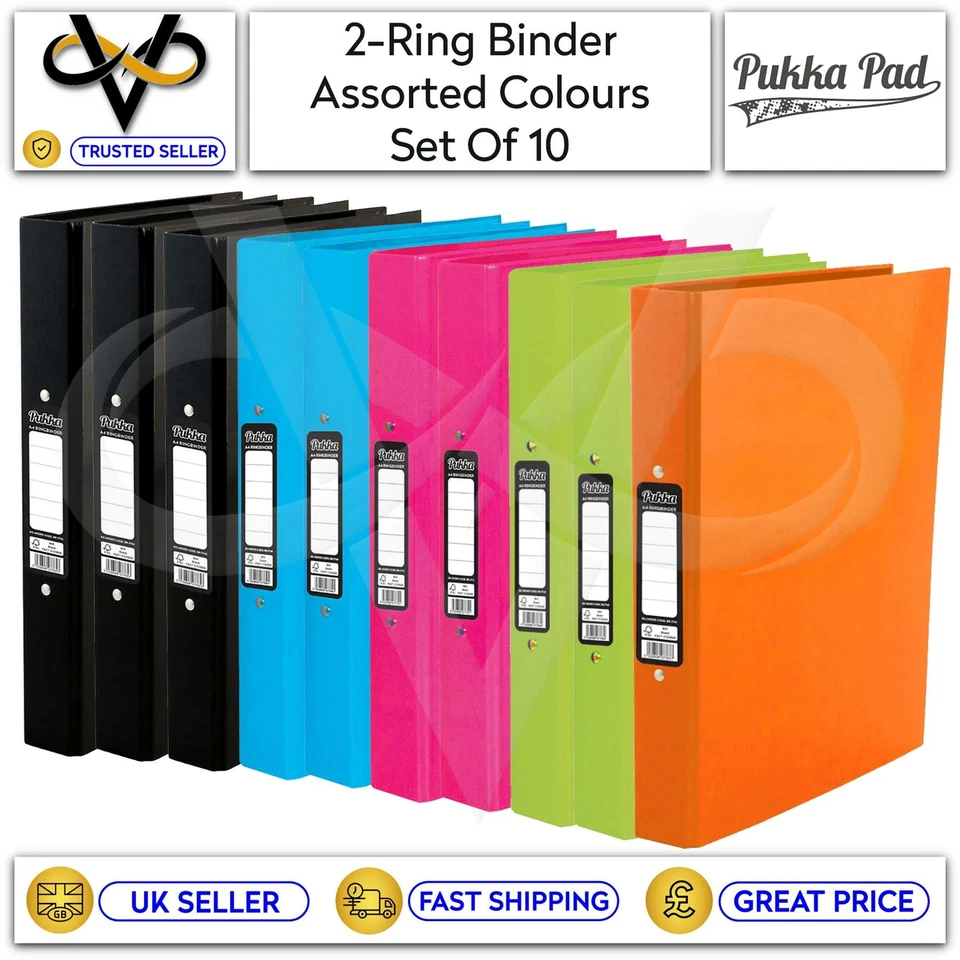Pukka Ring Binder 2-Ring Assorted Colours Black/Blue/Pink/Lime/Orange Set Of 10 - Image 1 of 1