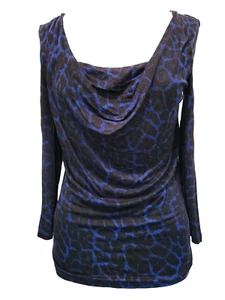 Size XS MICHAEL KORS Blue Black Leopard Print 3/4 Sleeve Square Drape Neck Top - Picture 1 of 5
