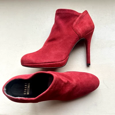 Stuart Weitzman Red Suede Stiletto Heeled Leather Ankle Booties Boots Women's 7 - Image 1 of 4