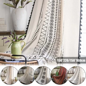 1 Piece Panel Cotton Linen Tassel Curtains Boho Print Drapes Window Living Room - Picture 1 of 18