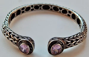 Sterling Silber 925 Zopfmanschette Klapparmband mit rosa facettierten Kristallsteinen - Bild 1 von 4