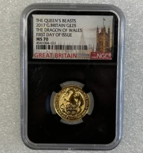 2017 Britain Queen's Beasts Red Dragon of Wales 1/4oz .9999 Gold NGC MS70 FDOI - Picture 1 of 4