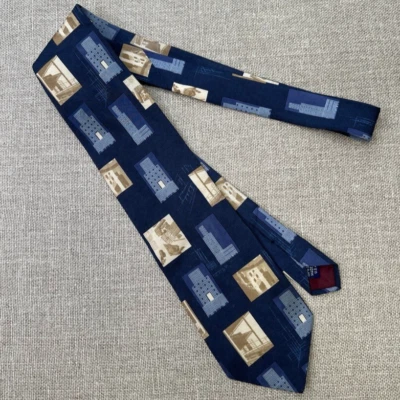 Structure Tie Men Silk Blue Geometric 57x3.75 Made USA Building Abstract Core Fa - Image 1 of 4