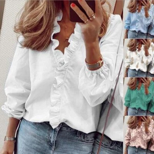 Women's Casual T-Shirt Long Sleeve Ruffle V Neck Tops Loose Blouse Floral Tunic - Picture 1 of 13