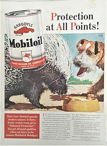 Anuncio de aceite Mobil vintage, perro puercoespín y terrier, gárgola, caballo volador, 1941 - Imagen 1 de 3