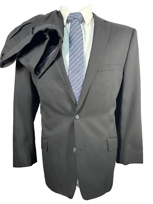 BACHRACH Mens Black Pinstripe SLIM FIT Wool 2 Pc Suit 44R Jacket 36x28 Pant - Image 1 of 4