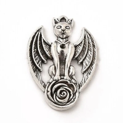 QWYRKY CRAFTS Tibetan Silver Charms Winged Cat Egyptian Bastet Sphynx 27mm x 19mm 5pcs C505