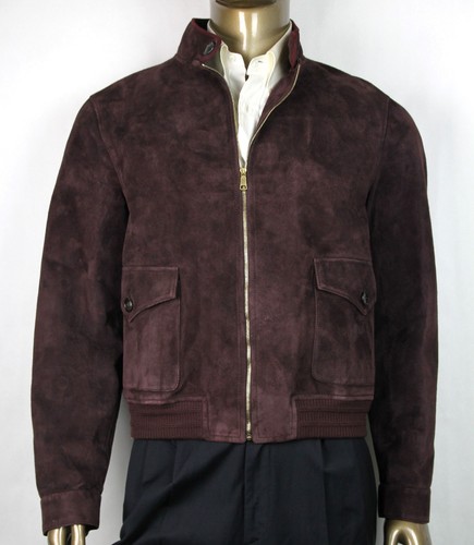 $3400 Gucci Giacca Bomber Uomo Prugna Scura Capra Pelle Scamosciato con Dettaglio Lavorato a Maglia 408372 6019