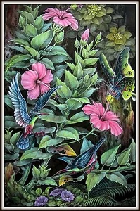 "Keliki Kawan Miniature Flora & Fauna Painting from Bali" Signed (9"H x 5.75"W) - Picture 1 of 10