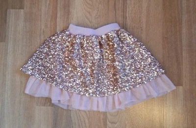 Saia de festa curta cintura elástica forrada lantejoulas tom dourado rosa menina tamanho médio 5-6 - Imagem 1 de 4