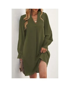 Azura Exchange Split V Neck Ruffled Sleeves Shirt Dress Women Green Mini Dresses - Picture 1 of 36