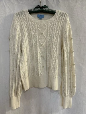 CeCe Pearl Embellished Cable Knit Sweater Small Ivory Coquette Winter Cottage — 第 1/4 张图片