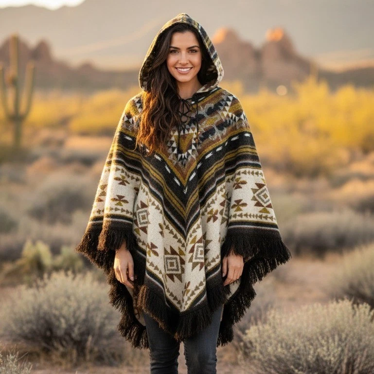 Vtg Southwestern Hooded Poncho Fringe Aztec Tribal Pattern Bohemian Boho Chic - Image 1 of 4