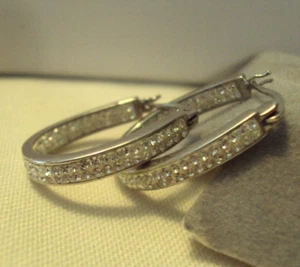 VINTAGE SILBERFARBENE OVALE CREOLEN MIT STRASS #VE - Bild 1 von 4