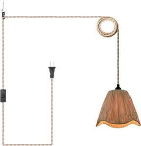 Rustic Plug-in Pendant Light Fixture with 4.5m Braided Cord,Khaki Paper Rope - Picture 1 of 8