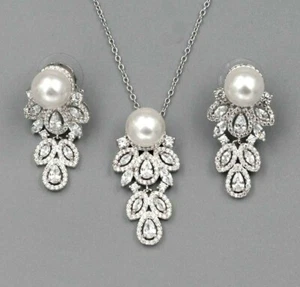 Collana Orecchini Zirconi Perla Placcata Oro Bianco Set Gioielli Matrimonio Donna 096 - Foto 1 di 8