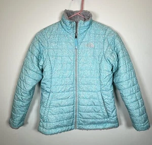 The North Face Jacket Girls Mossbud Swirl Reversible Puffer Sz L 14/16 Aqua Gray - Picture 1 of 10