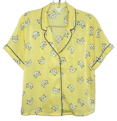 FOREVER 21 Yellow Cat Print Pajama Shirt Shorts Set Satin NEW NWOT, Junior M - Image 1 of 4