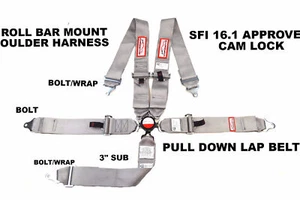 RACERDIRECT SFI 16.1 RACING HARNESS 5 POINT ROLL BAR MOUNT 3" CAM LOCK GRAY - Picture 1 of 5